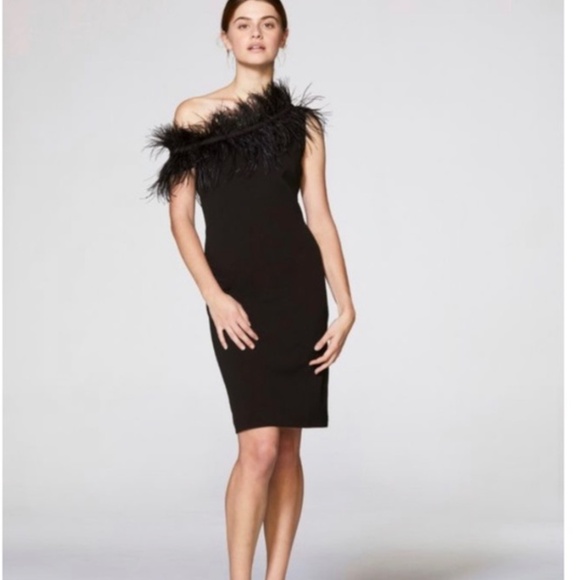 Vince Camuto Feather Trimmed Little Black Dress - Picture 1 of 9